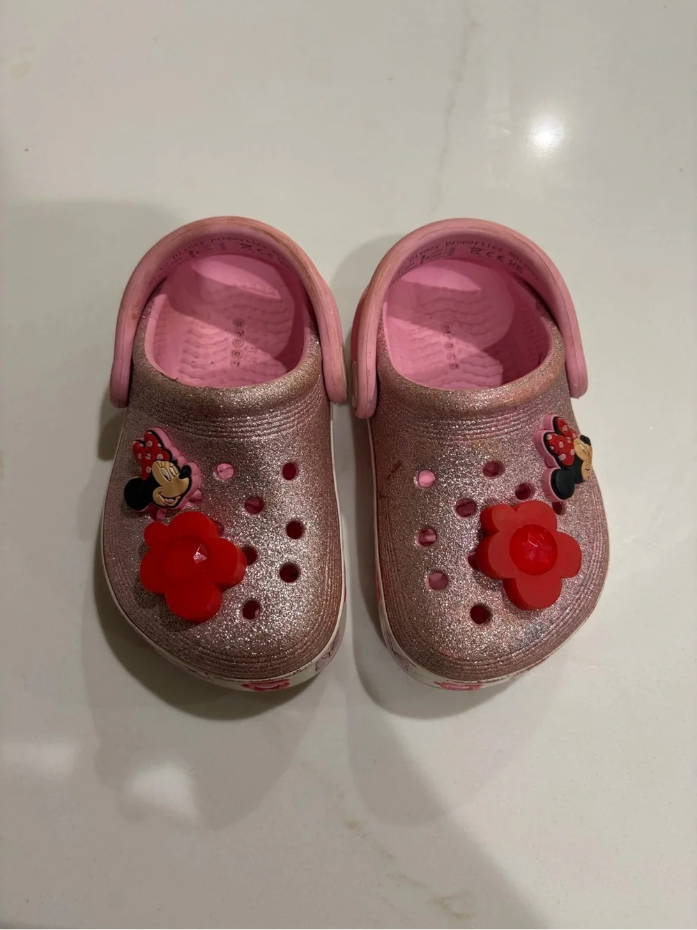 Disney Crocs - Toddler Pink Glitter Light Up Clog Sandals with Red Flower Charm